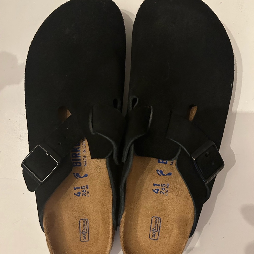 Birkenstock Black Suede Buckle Clogs